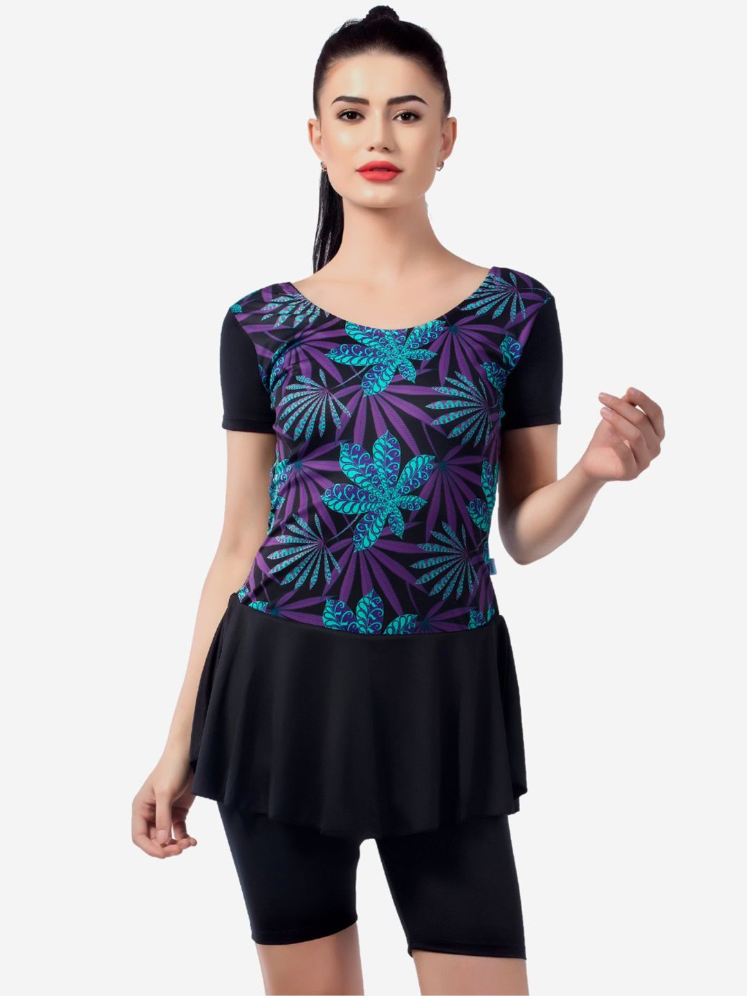

VELOZ Tropical Printed Quick Dry Round Neck Legsuit, Black