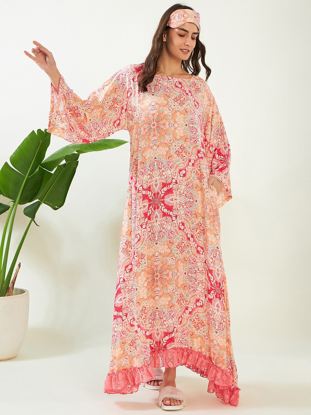 

The Kaftan Company Ethnic Printed Square Neck Maxi Nightdress, Peach