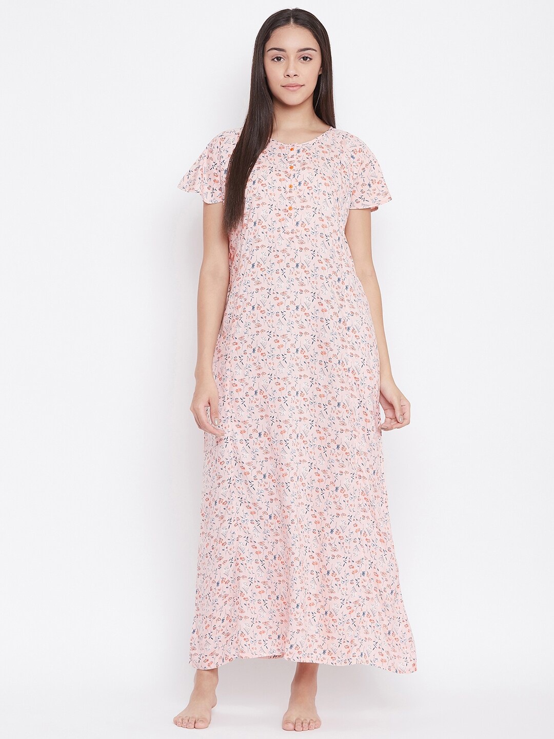 

The Kaftan Company Floral Printed Pure Cotton Maxi Nightdress, Peach