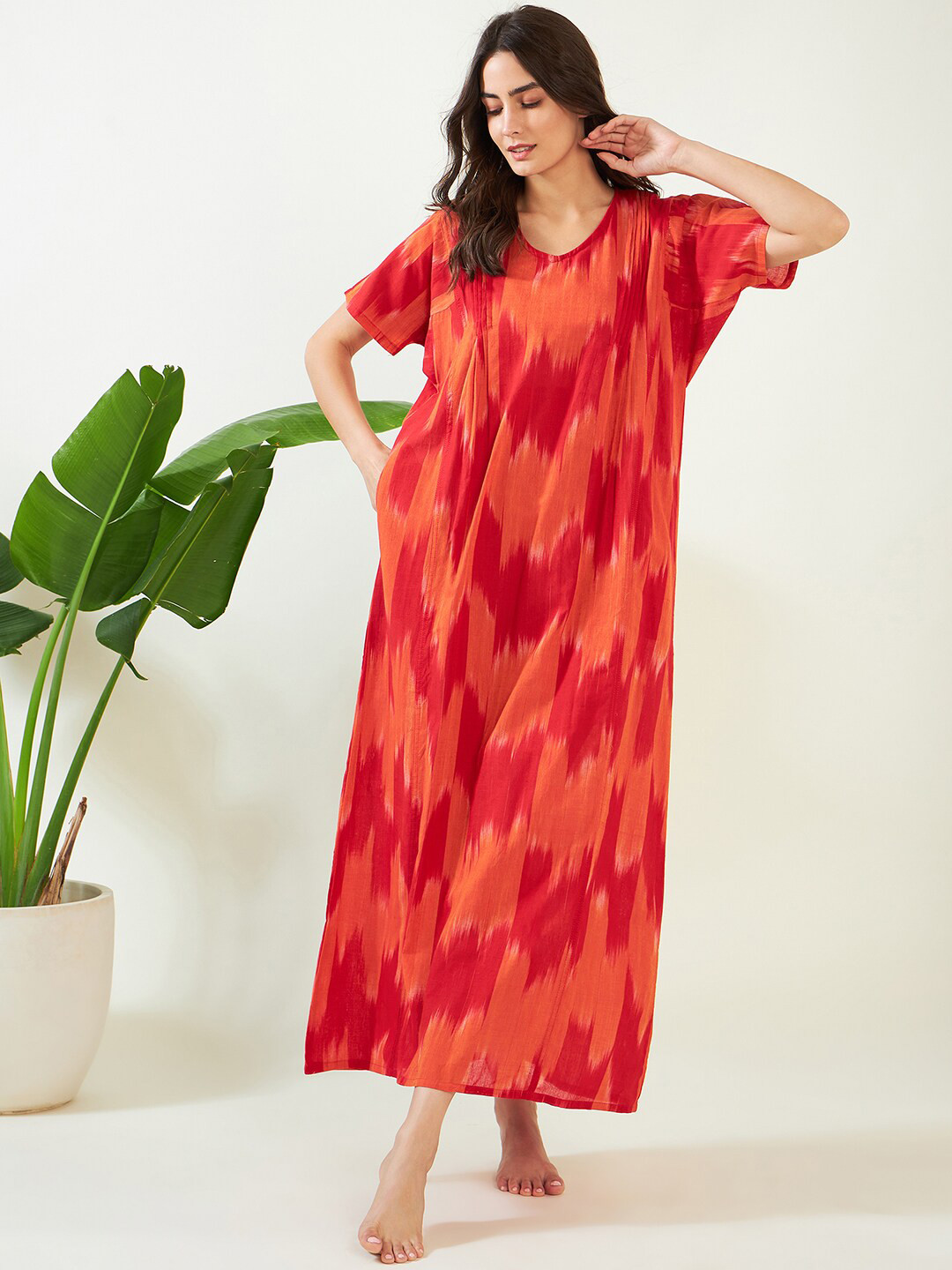 

The Kaftan Company Abstract Printed Pure Cotton Maxi Nightdress, Orange