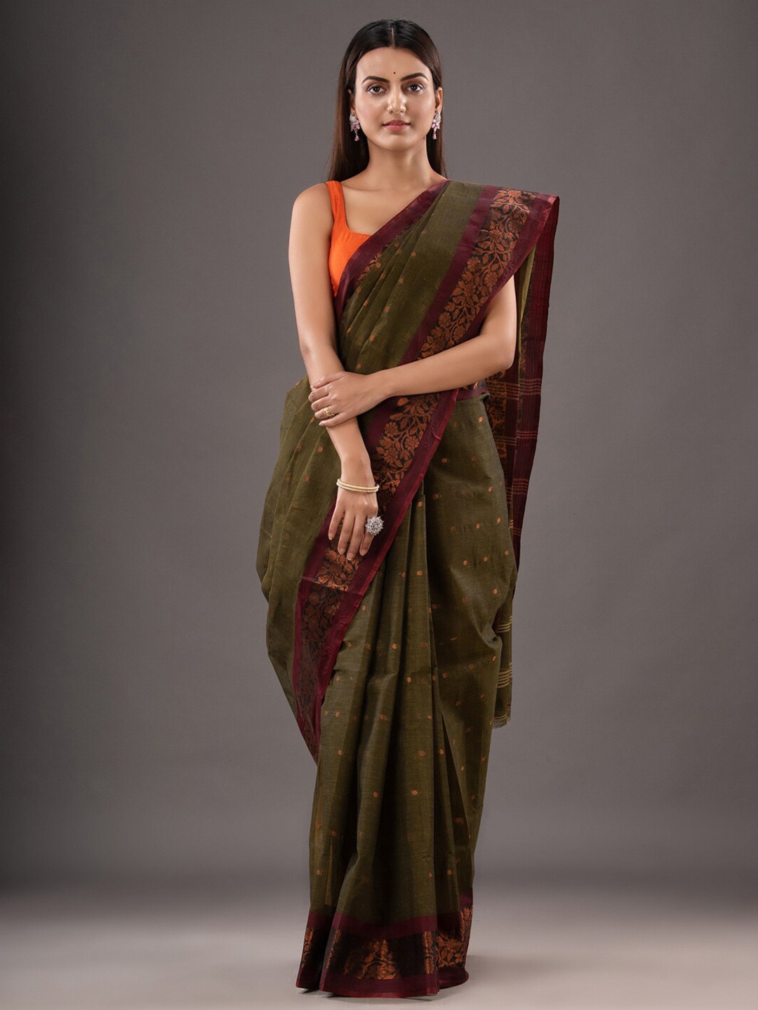

Mitera Woven Design Zari Pure Cotton Taant Saree, Green