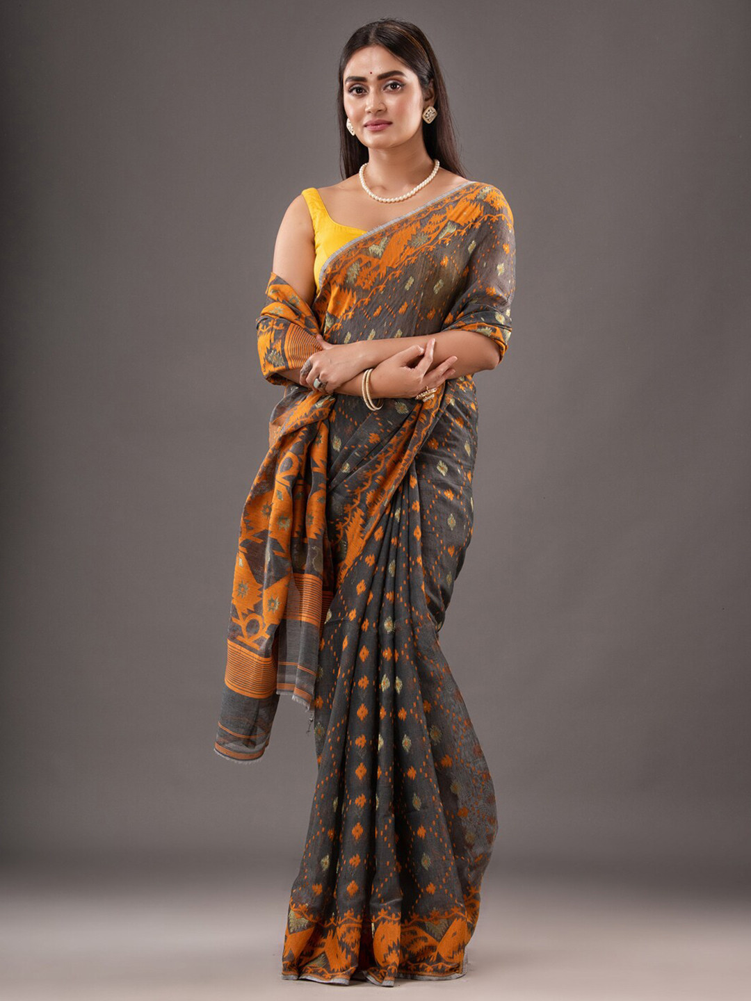 

Mitera Grey & Mustard Woven Design Zari Silk Cotton Jamdani Saree
