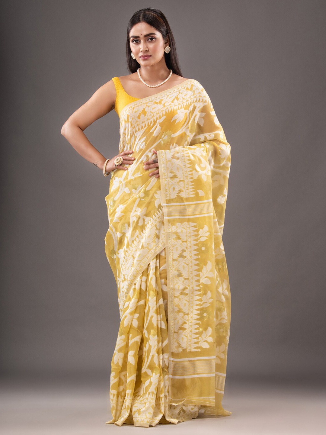 

Mitera Yellow & White Ethnic Motif Woven Design Zari Silk Cotton Jamdani Saree