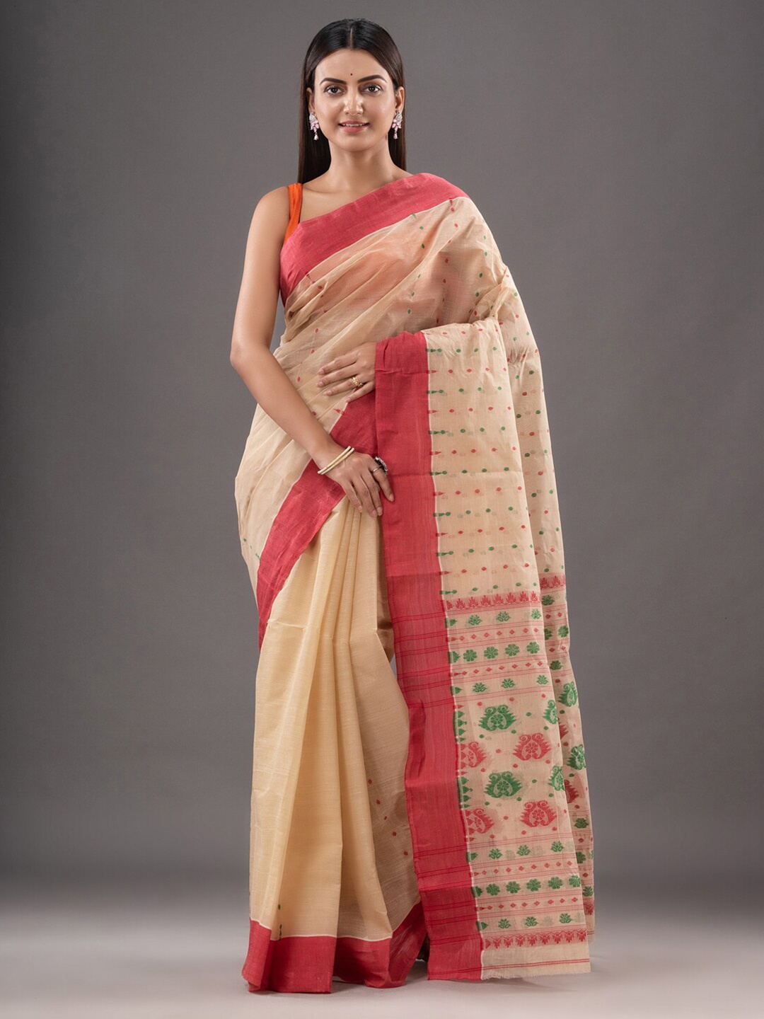 

Mitera Beige & Red Geometric Woven Design Pure Cotton Saree