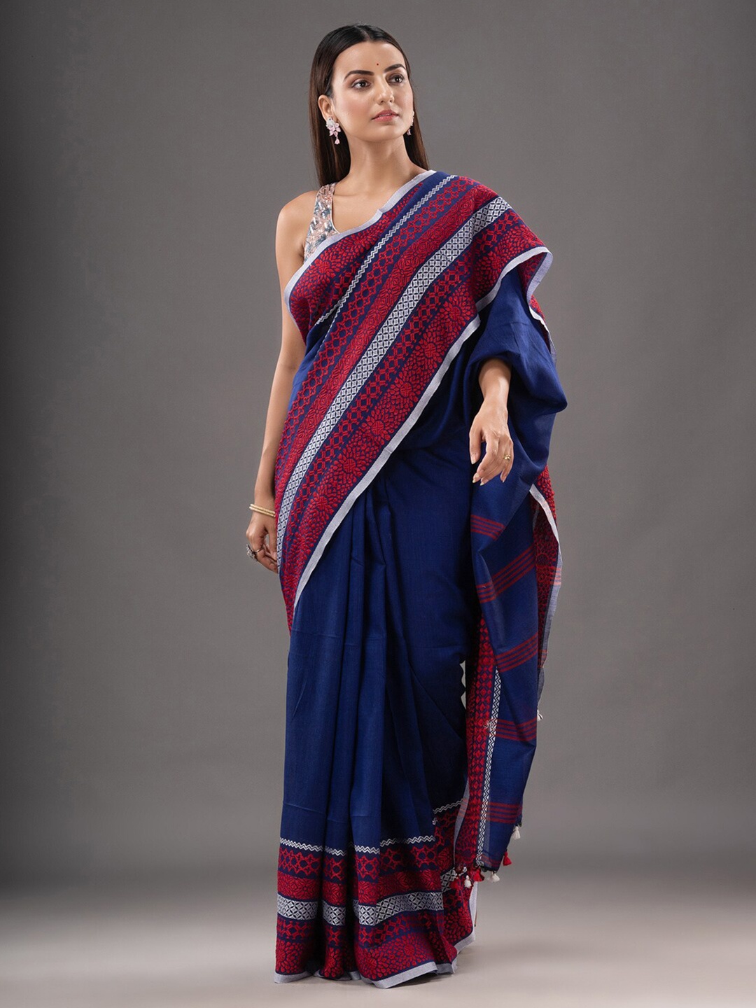 

Mitera Blue & Red Woven Design Pure Cotton Saree