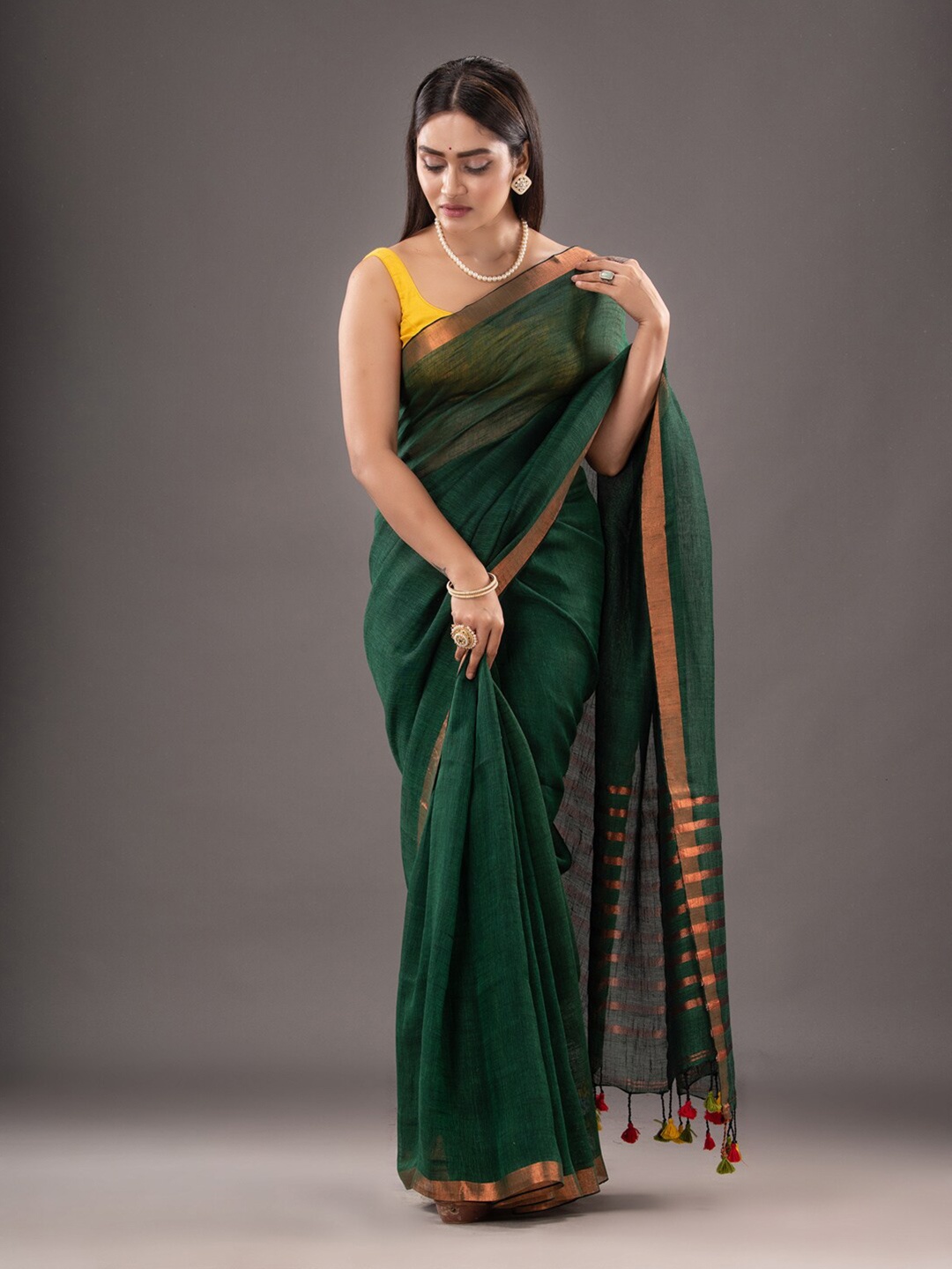 

Mitera Woven Design Zari Pure Linen Saree, Green