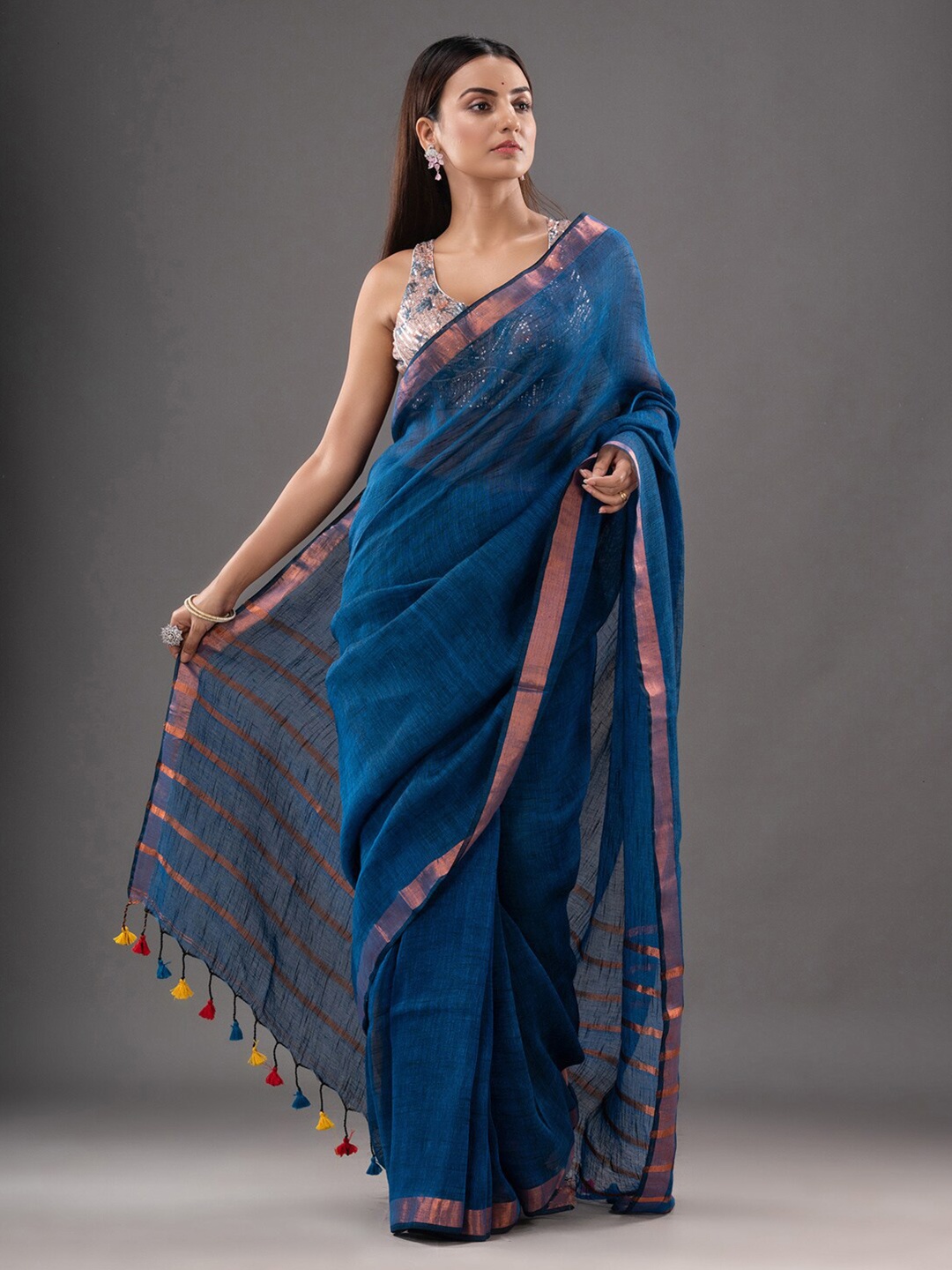 

Mitera Blue Zari Pure Linen Saree