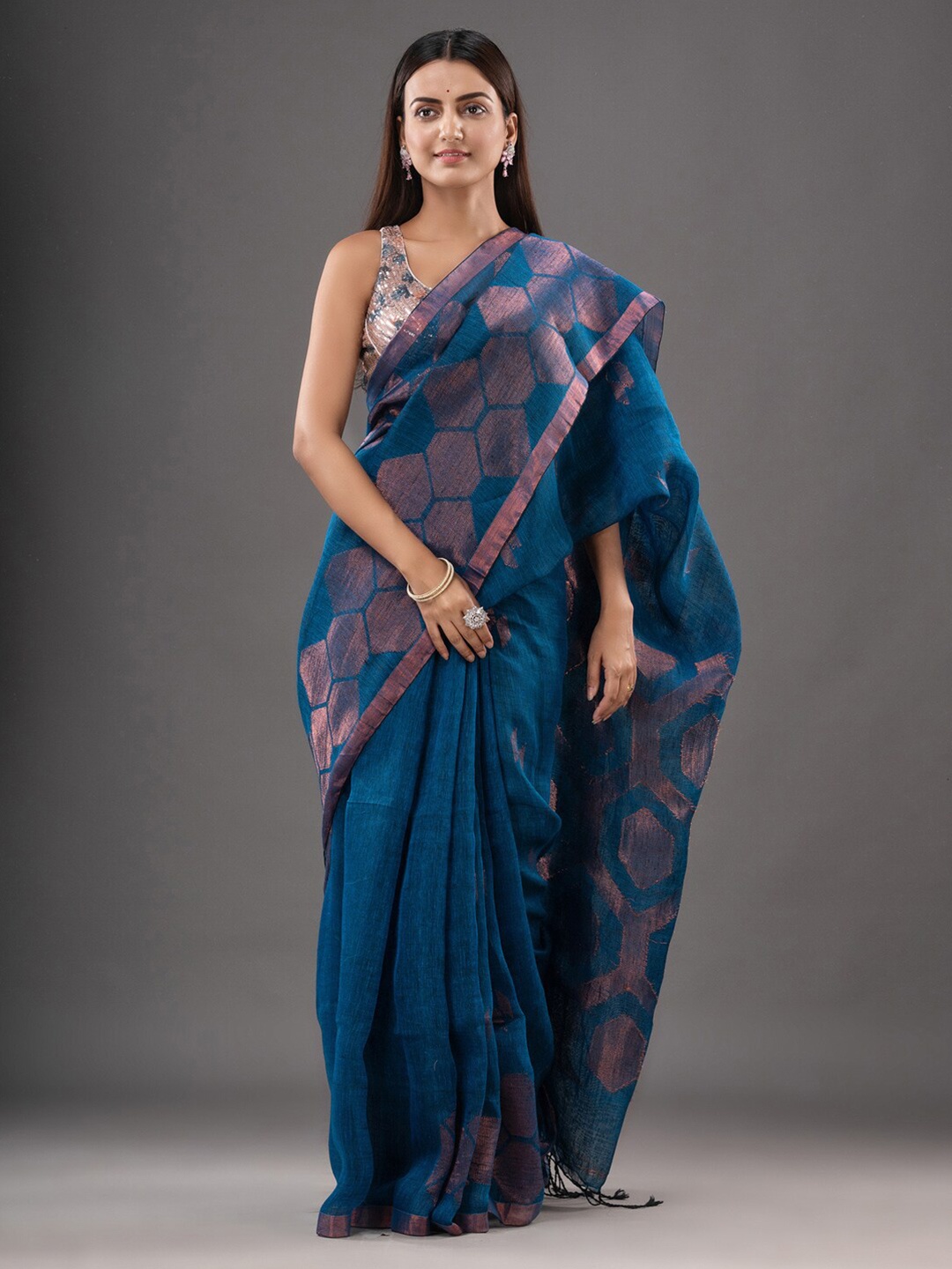 

Mitera Blue & Copper Woven Design Zari Pure Linen Saree