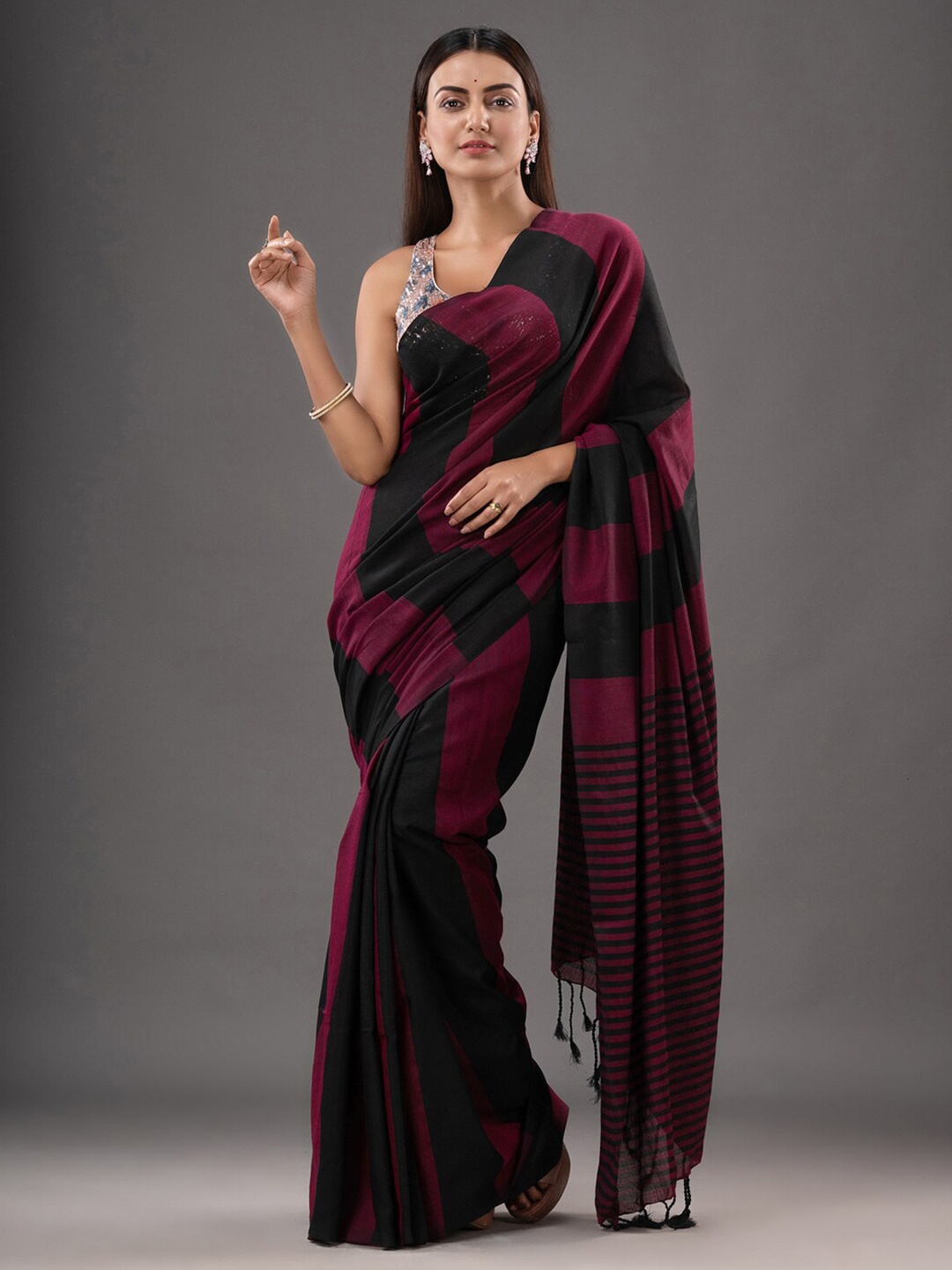 

Mitera Black & Maroon Striped Pure Cotton Saree