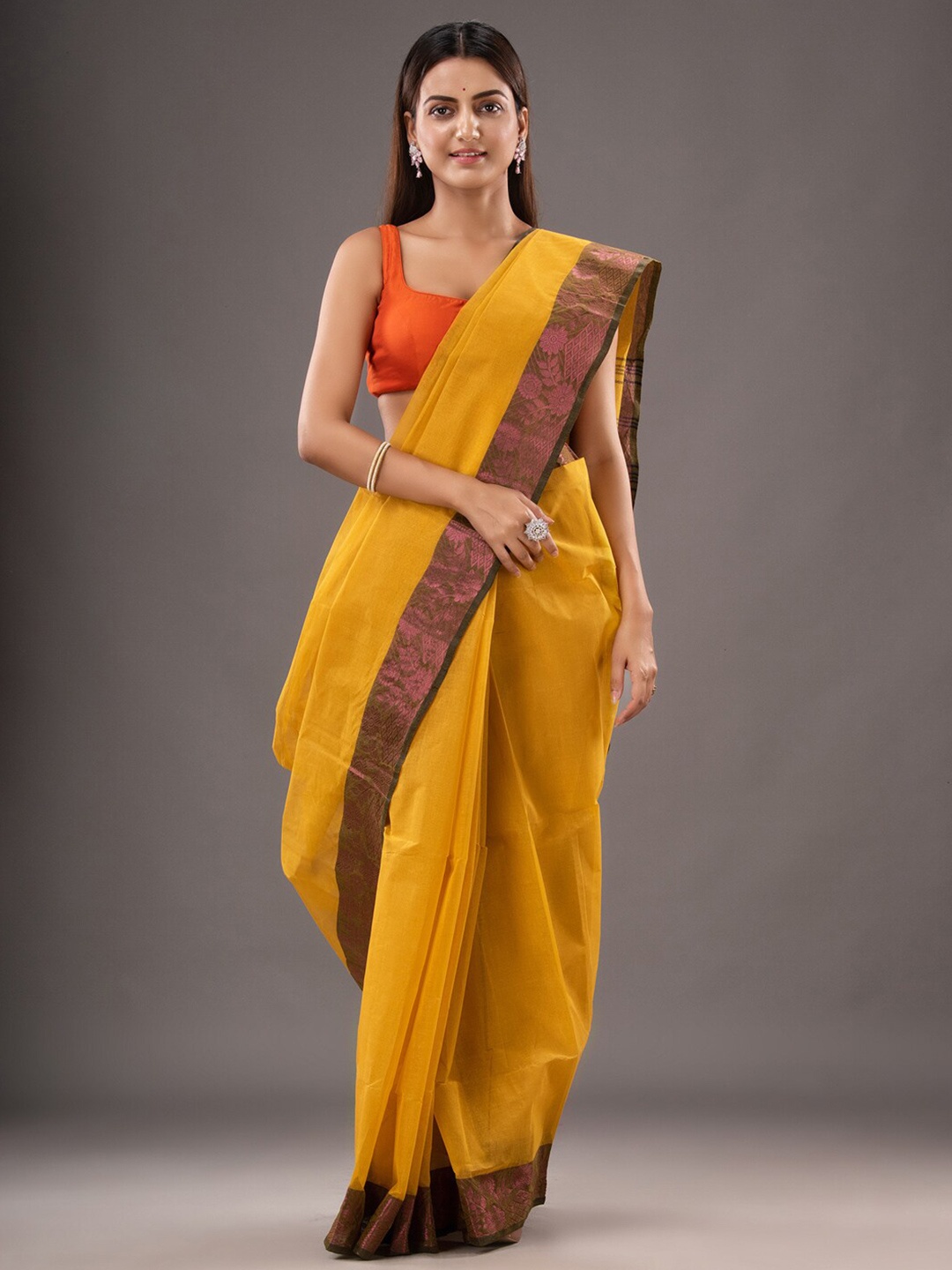 

Mitera Zari Taant Pure Cotton Saree, Yellow