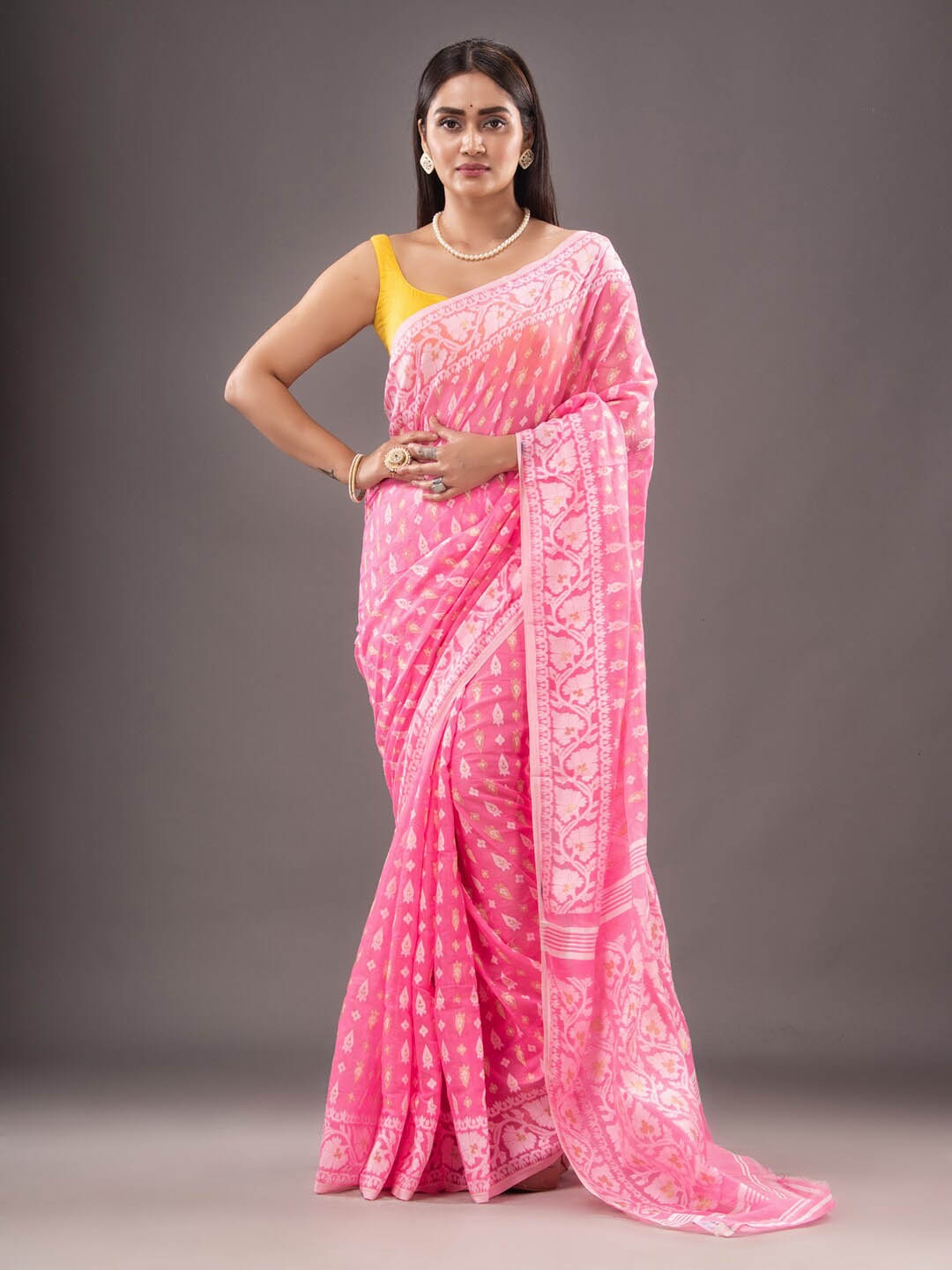 

Mitera Ethnic Motifs Woven Design Zari Silk Cotton Jamdani Saree, Pink