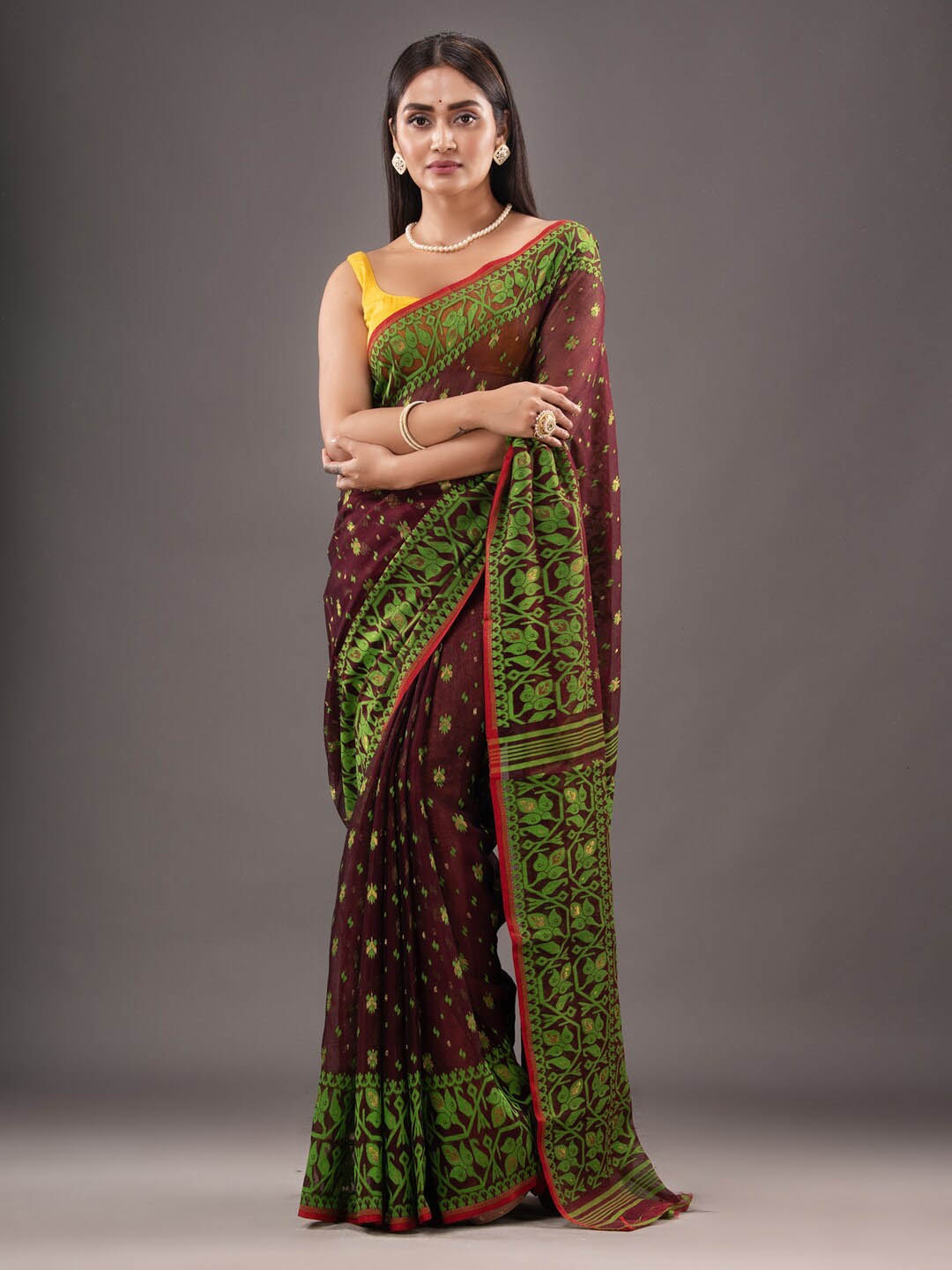

Mitera Brown & Green Ethnic Motif Woven Design Zari Silk Cotton Jamdani Saree