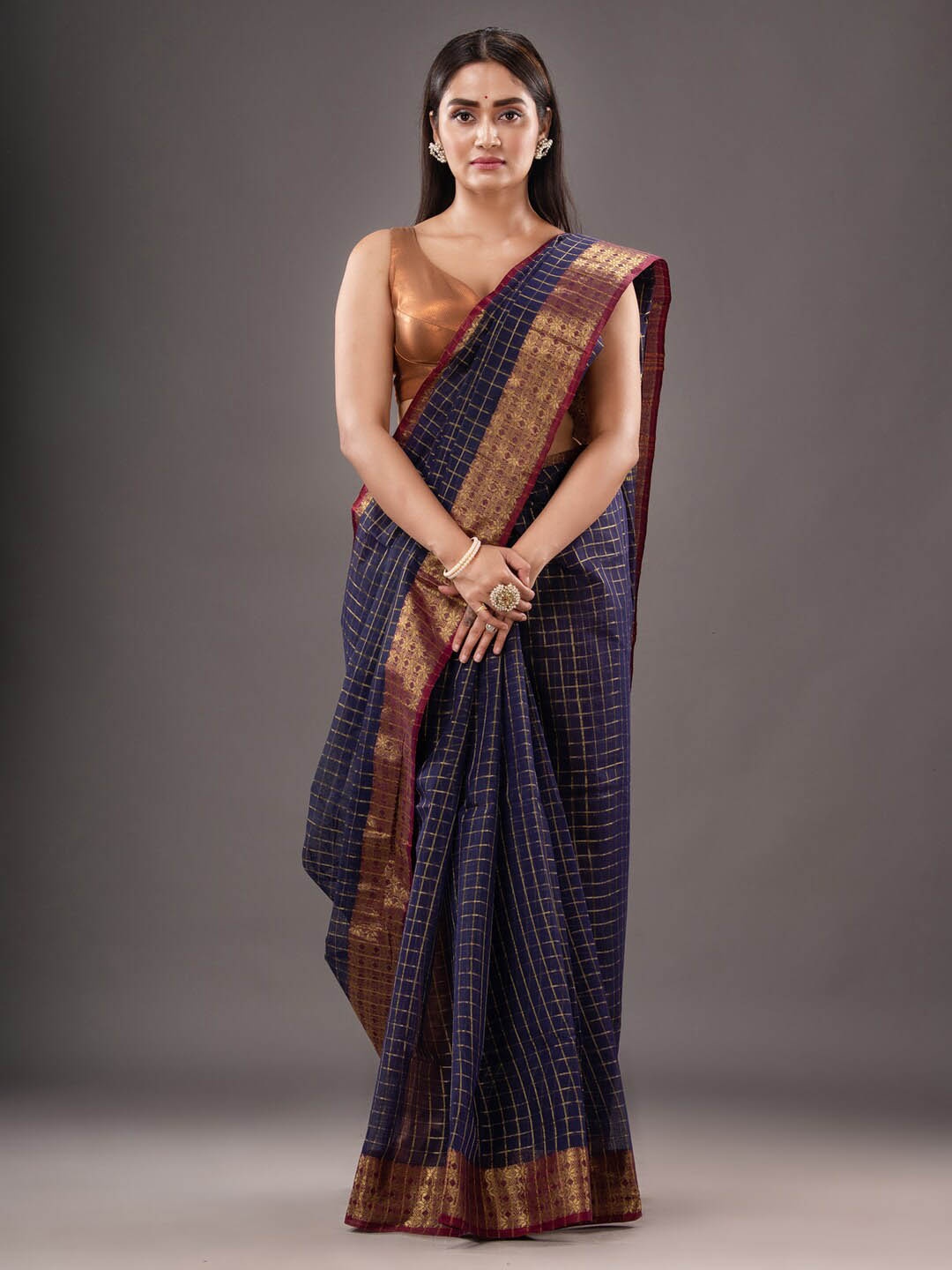 

Mitera Checked Zari Pure Cotton Taant Saree, Blue