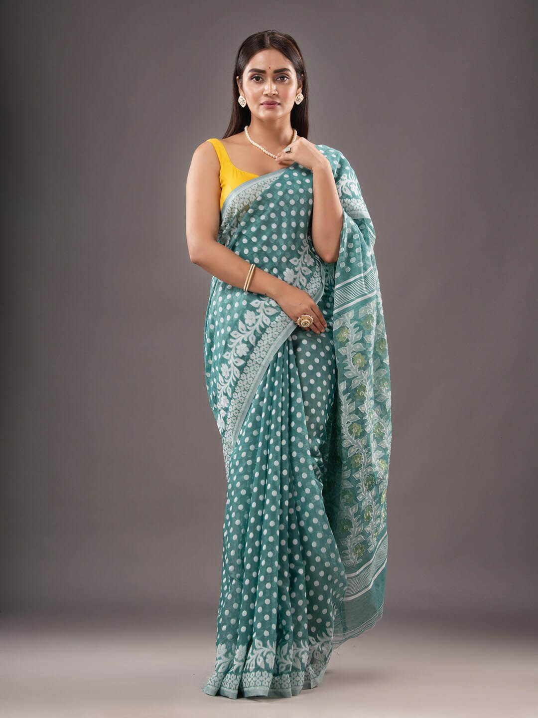 

Mitera Ethnic Motifs Woven Design Zari Silk Cotton Jamdani Saree, Sea green