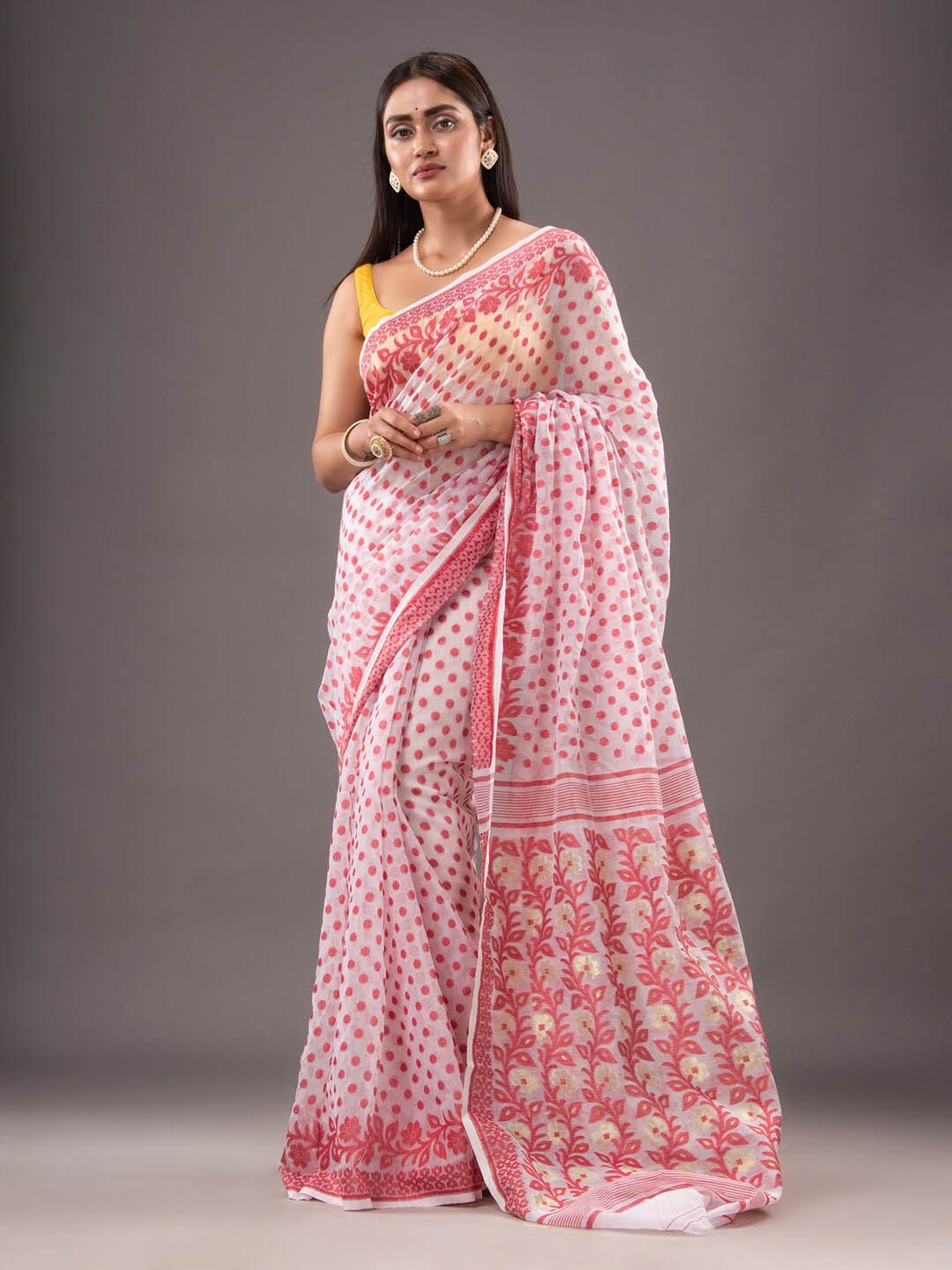 

Mitera Woven Design Zari Silk Cotton Jamdani Saree, White