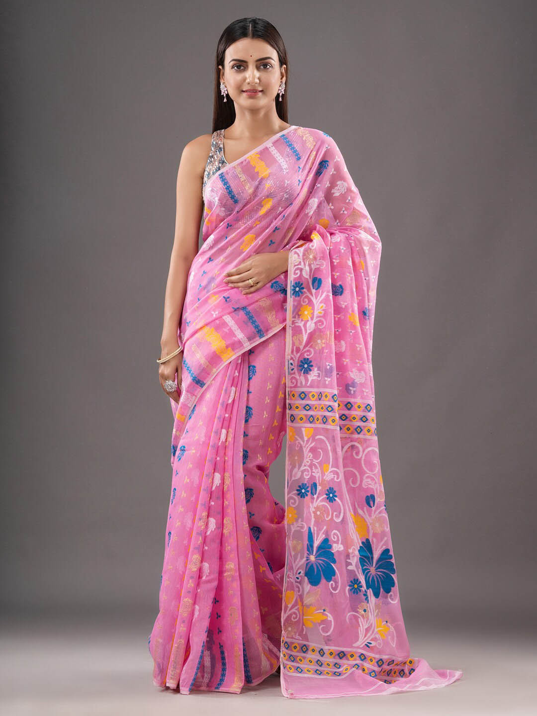 

Mitera Pink & Blue Woven Design Silk Cotton Jamdani Saree