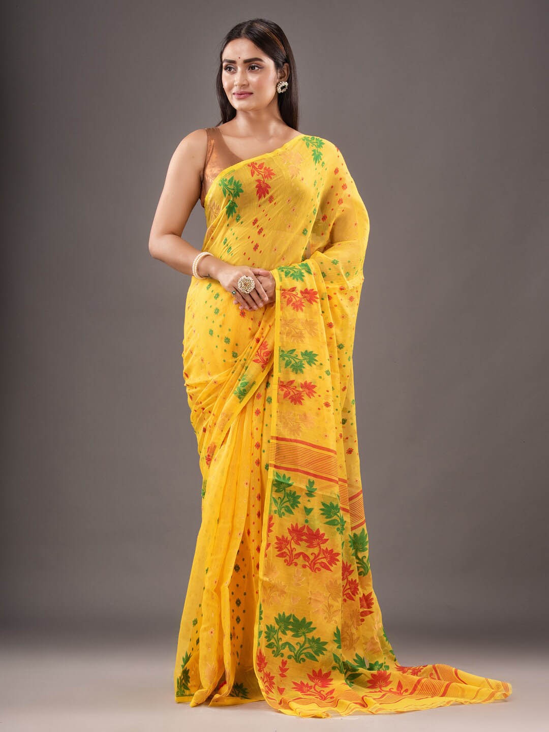 

Mitera Yellow & Red Floral Woven Design Silk Cotton Jamdani Saree