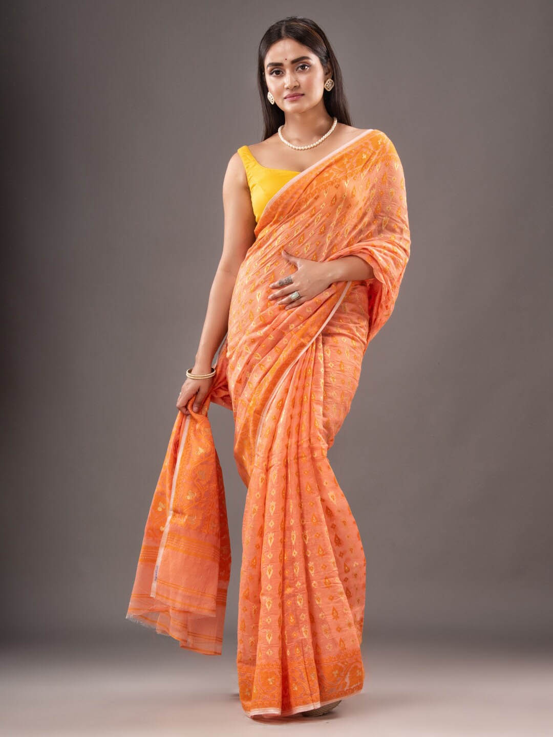 

Mitera Ethnic Motifs Woven Design Zari Silk Cotton Jamdani Saree, Orange