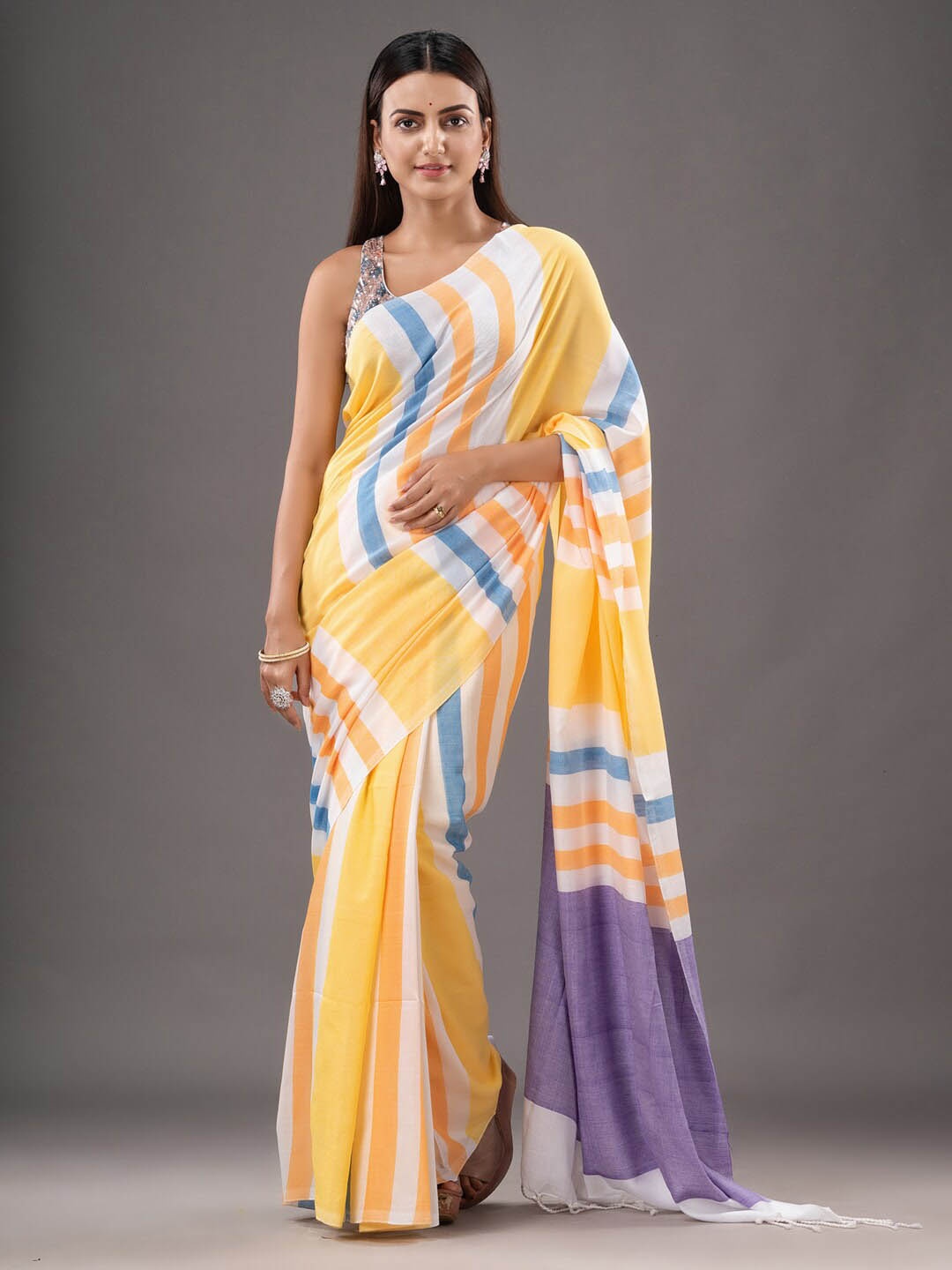 

Mitera Yellow & White Striped Zari Pure Cotton Saree