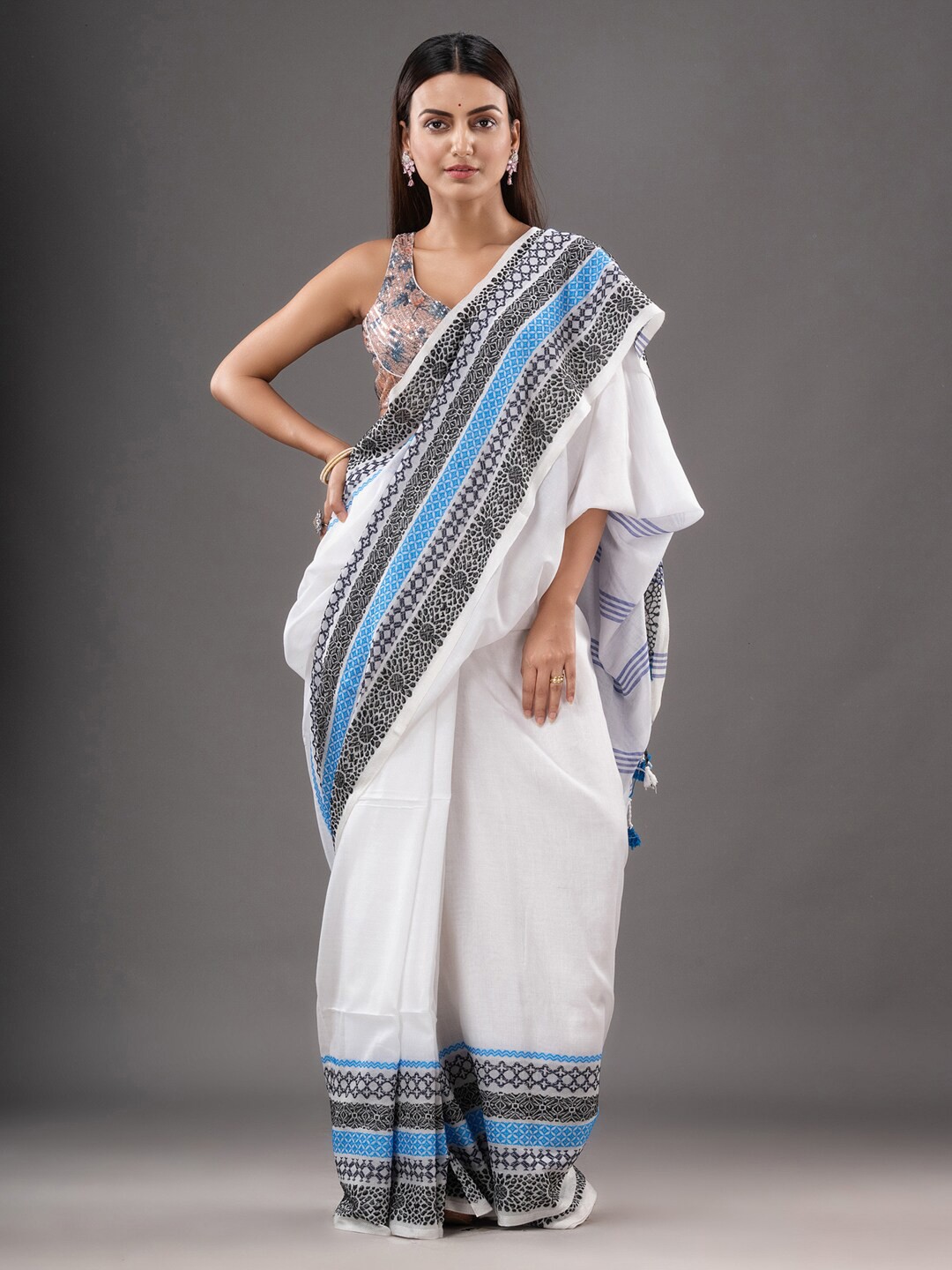 

Mitera White & Blue Pure Cotton Saree