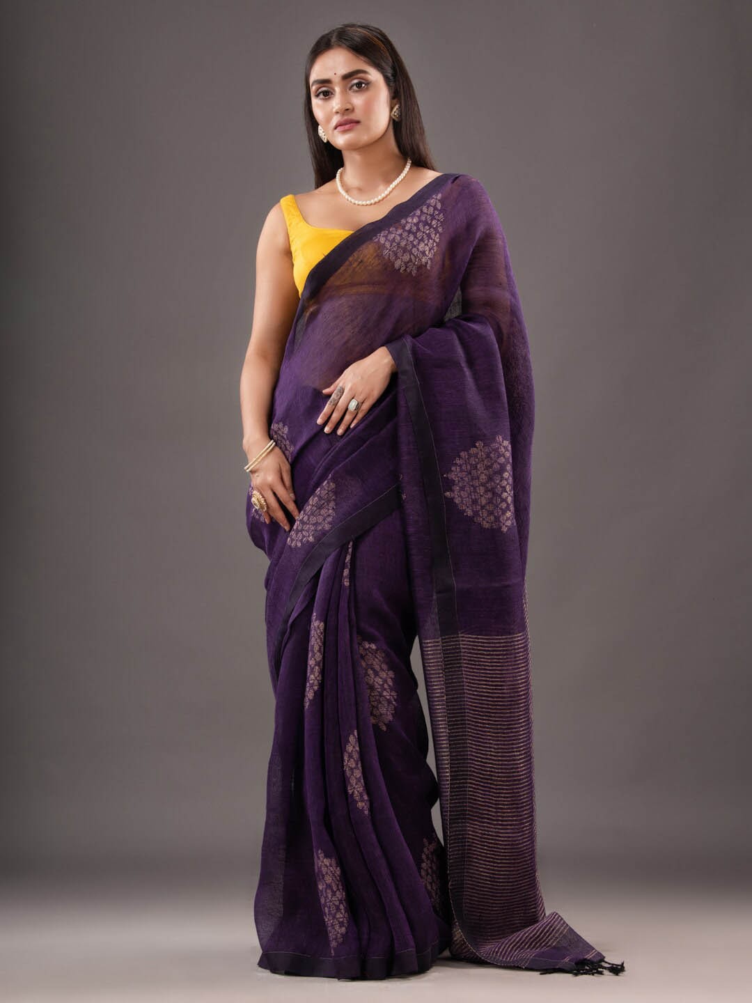 

Mitera Woven Design Zari Pure Linen Saree, Purple