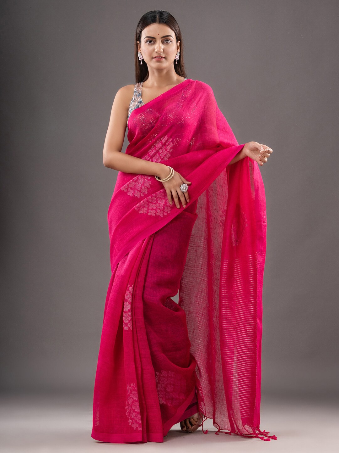 

Mitera Floral Woven Design Pure Linen Saree, Pink