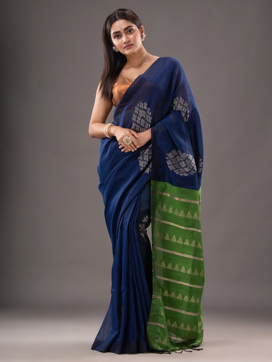 

Mitera Ethnic Motifs Woven Design Zari Pure Linen Saree, Navy blue