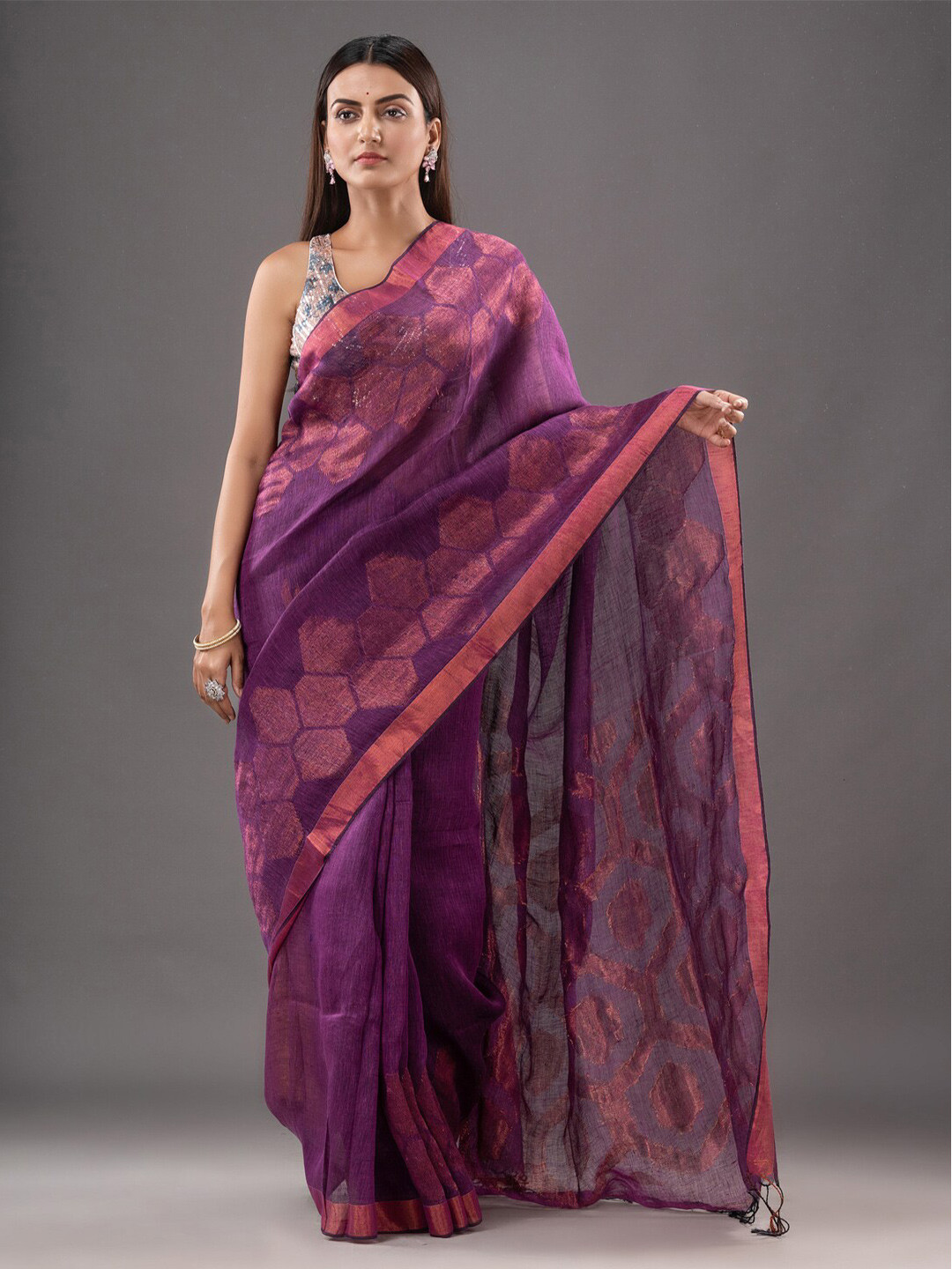 

Mitera Magenta & Gold Woven Design Zari Pure Linen Saree
