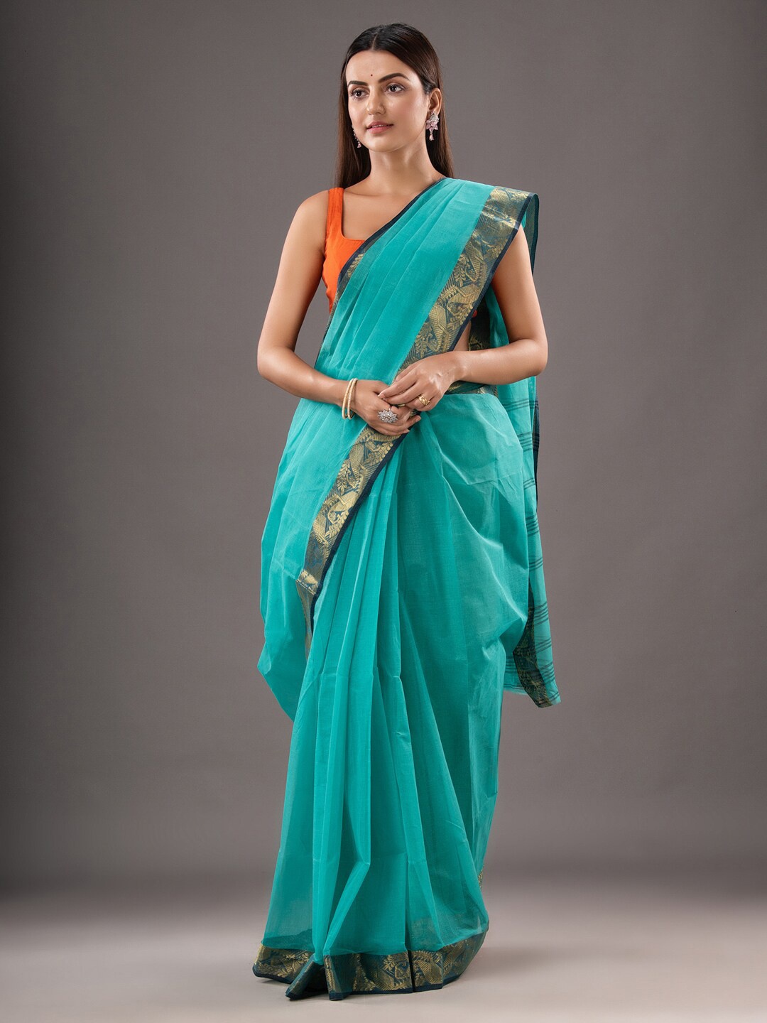 

Mitera Sea Green & Gold-Toned Zari Pure Cotton Taant Saree