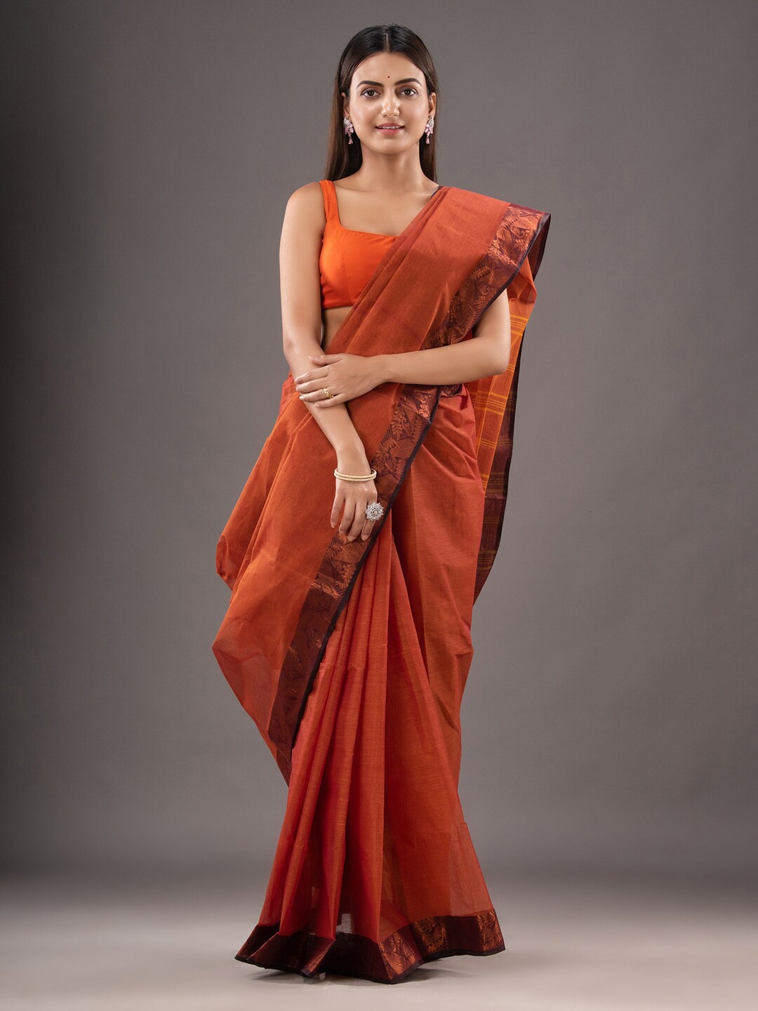 

Mitera Zari Pure Cotton Taant Saree, Rust