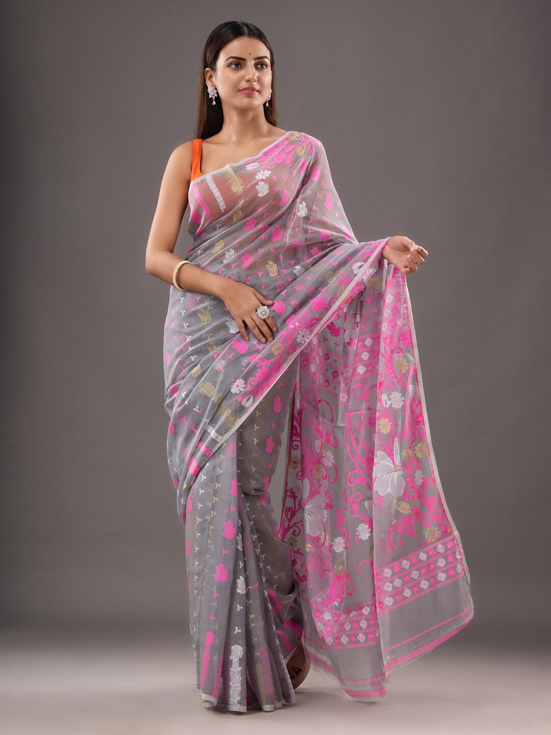 

Mitera Grey & Pink Ethnic Motifs Woven Design Silk Cotton Jamdani Saree