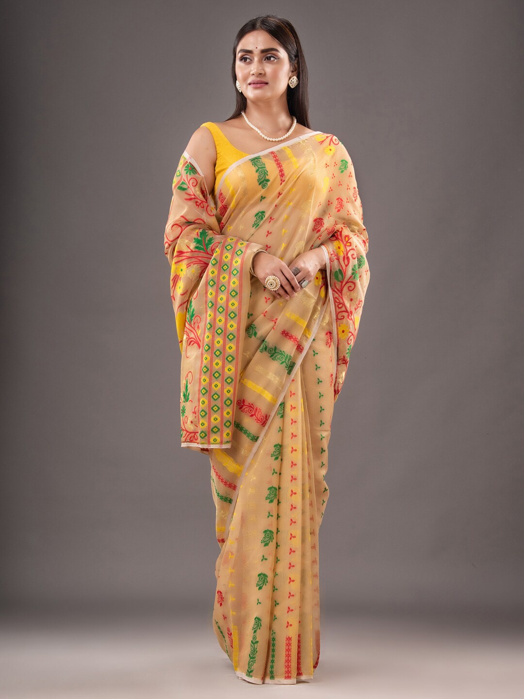 

Mitera Beige & Yellow Ethnic Motifs Woven Design Zari Silk Cotton Jamdani Saree