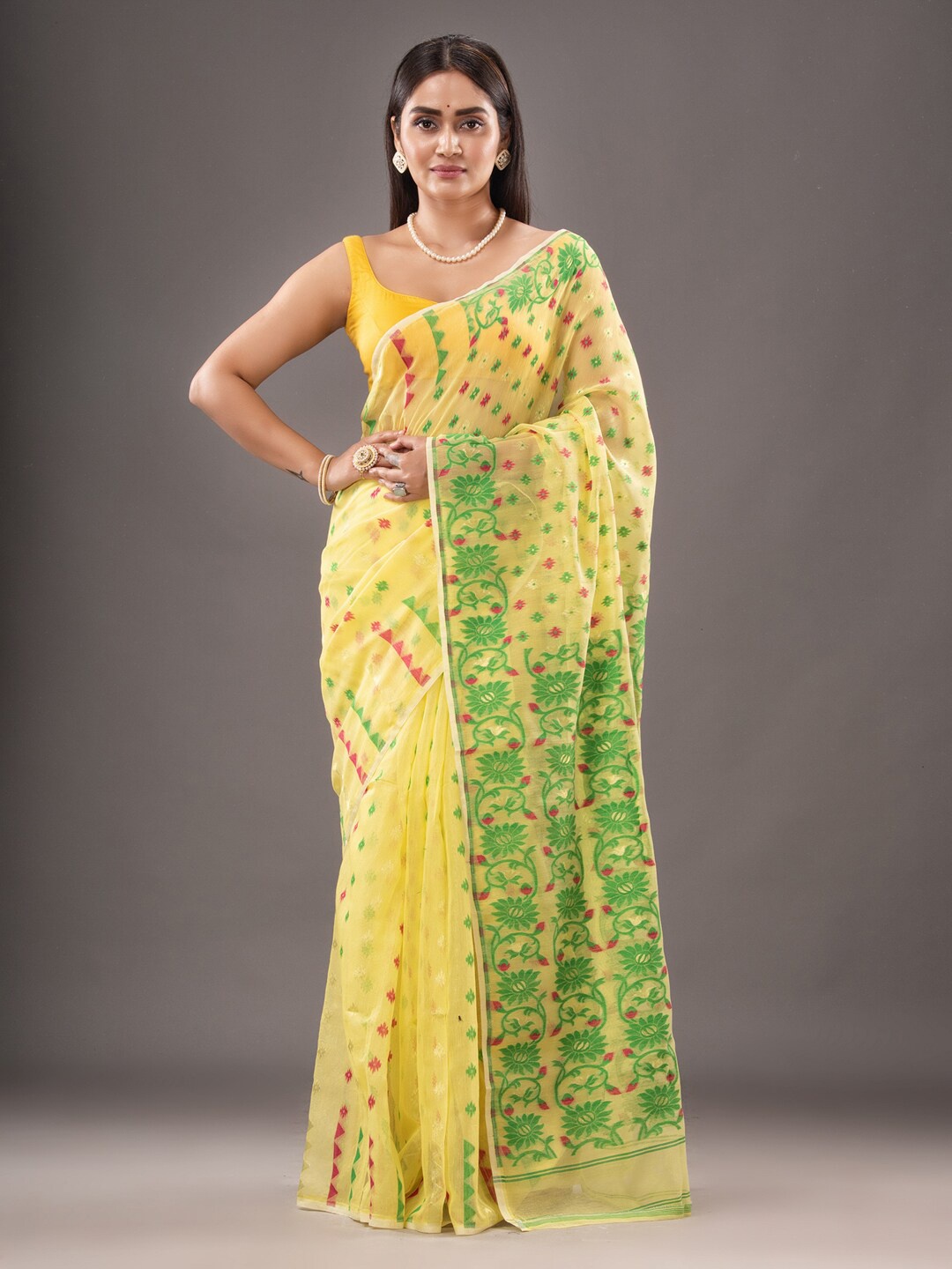 

Mitera Yellow & Red Woven Design Zari Silk Cotton Jamdani Saree