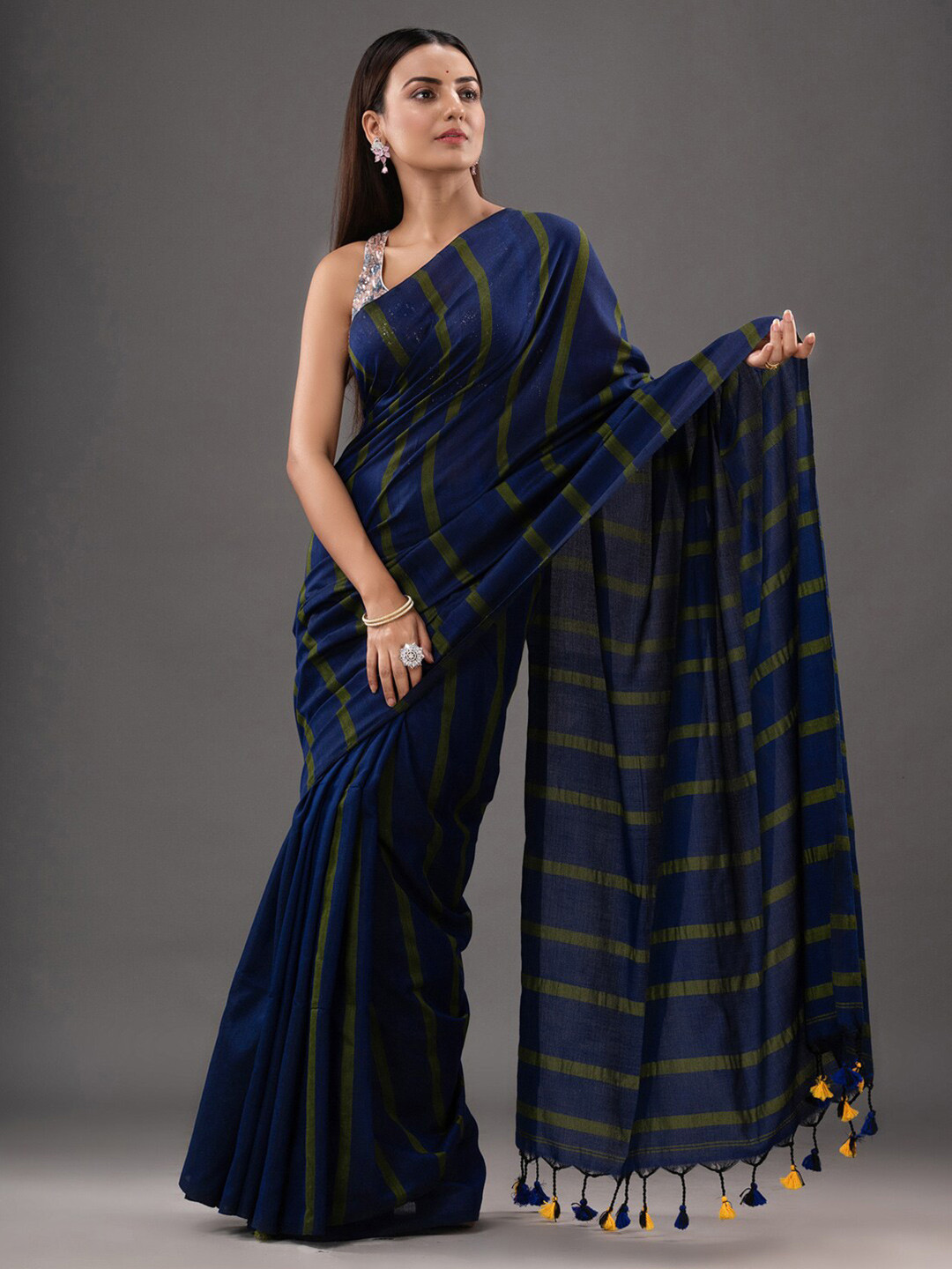 

Mitera Striped Pure Cotton Saree, Blue