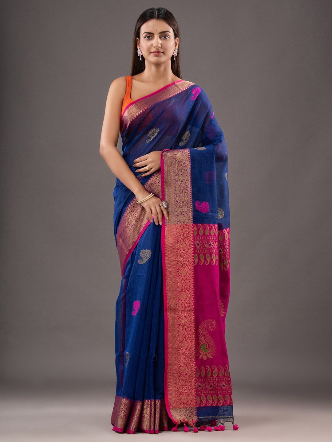 

Mitera Blue & Pink Ethnic Motifs Woven Design Zari Silk Cotton Saree