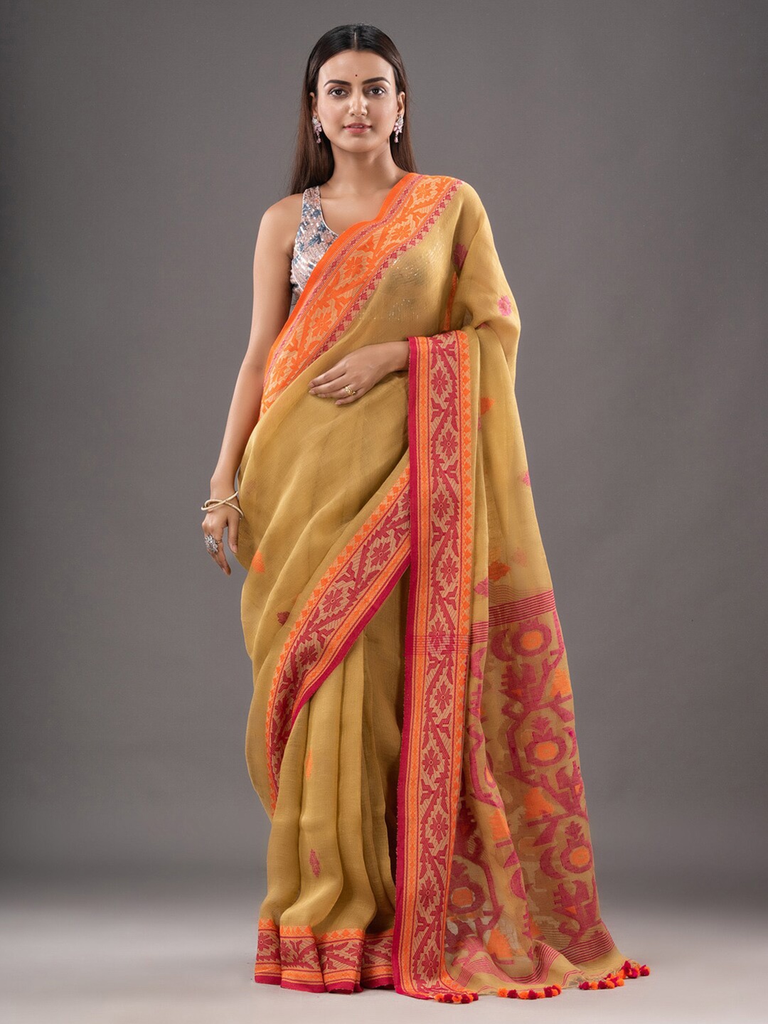 

Mitera Beige & Red Floral Woven Design Zari Pure Linen Saree