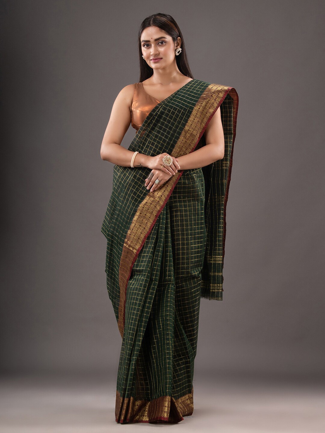 

Mitera Green & Red Checked Zari Pure Cotton Taant Saree