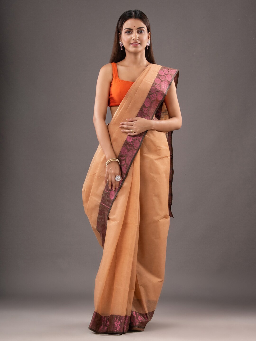 

Mitera Beige Zari Pure Cotton Taant Saree