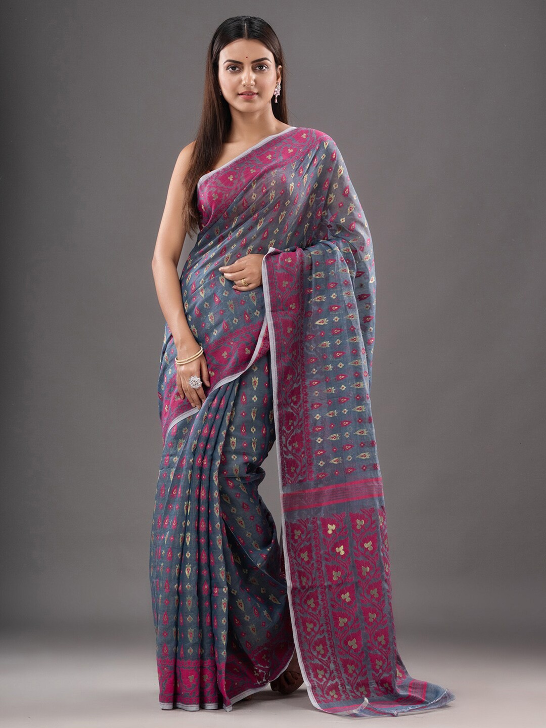 

Mitera Grey & Pink Ethnic Motifs Woven Design Silk Cotton Jamdani Saree