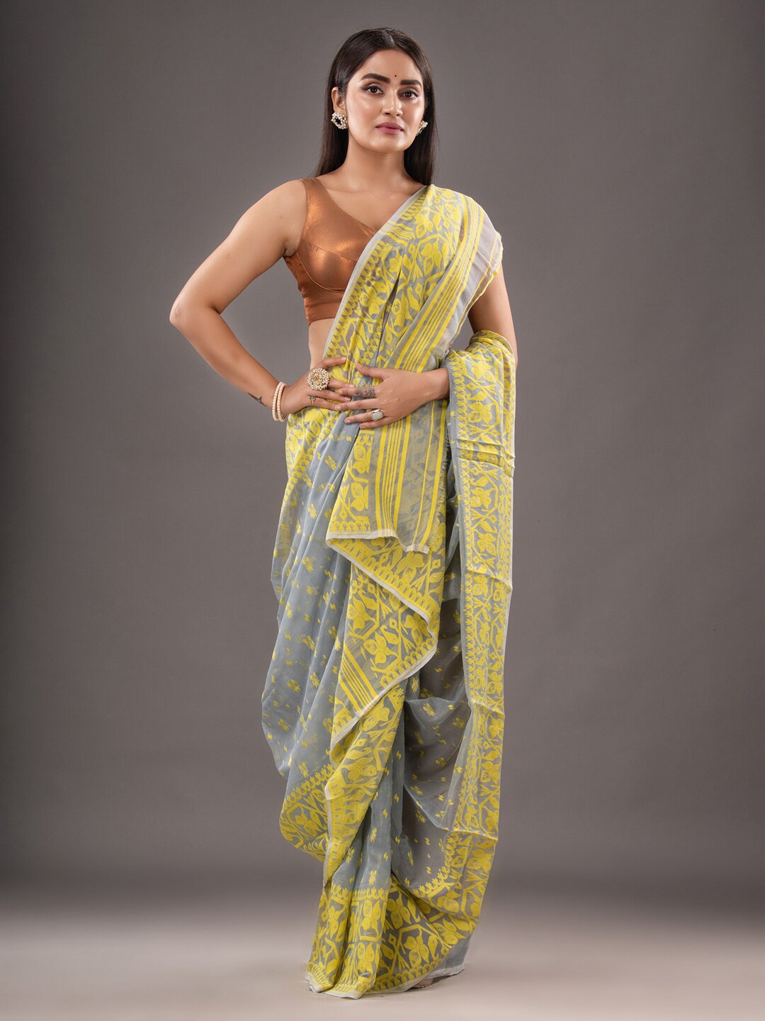 

Mitera Grey & Yellow Ethnic Motifs Woven Design Silk Cotton Jamdani Saree