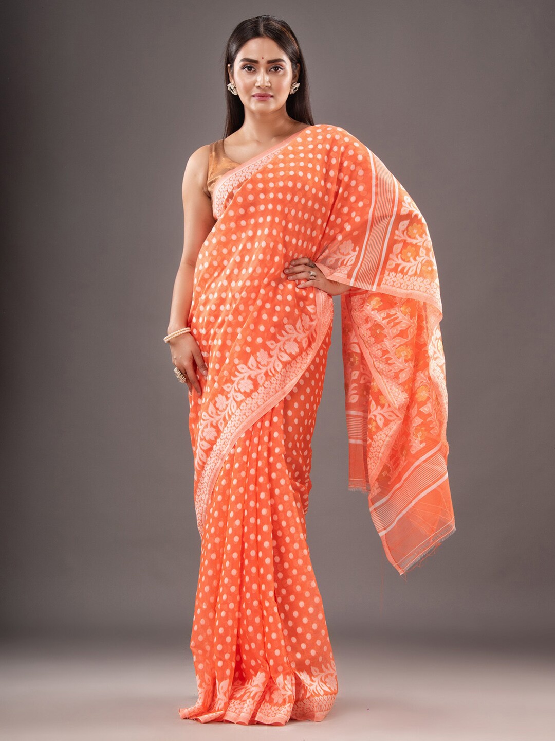 

Mitera Orange & White Woven Design Zari Silk Cotton Jamdani Saree