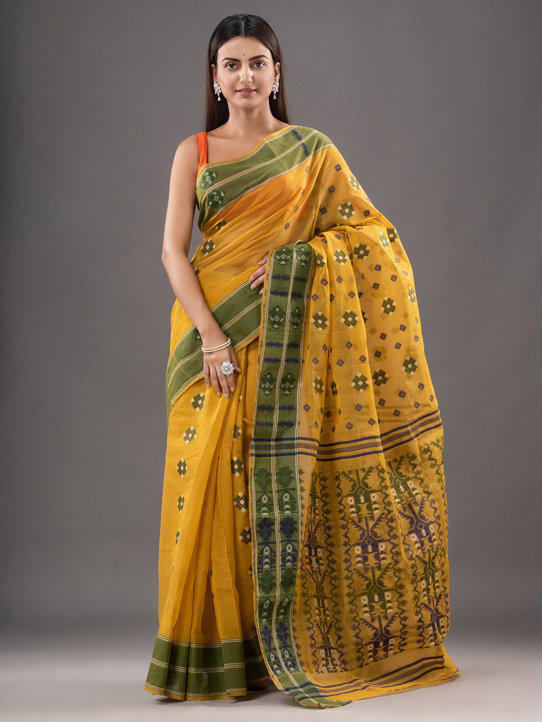 

Mitera Mustard & Green Woven Design Zari Pure Cotton Saree
