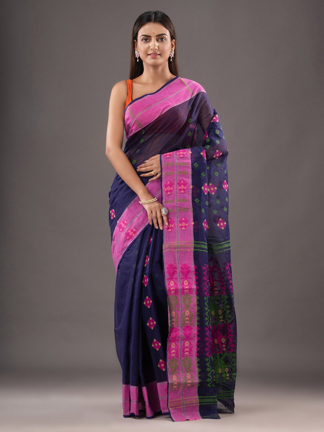

Mitera Ethnic Motifs Woven Design Zari Pure Cotton Saree, Blue