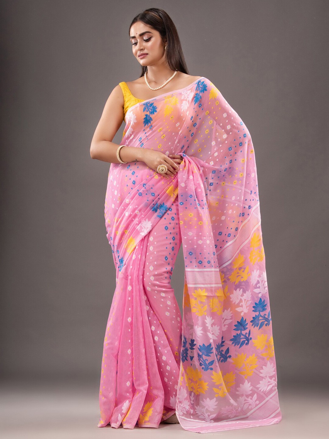 

Mitera Pink & Blue Floral Woven Design Silk Cotton Jamdani Saree