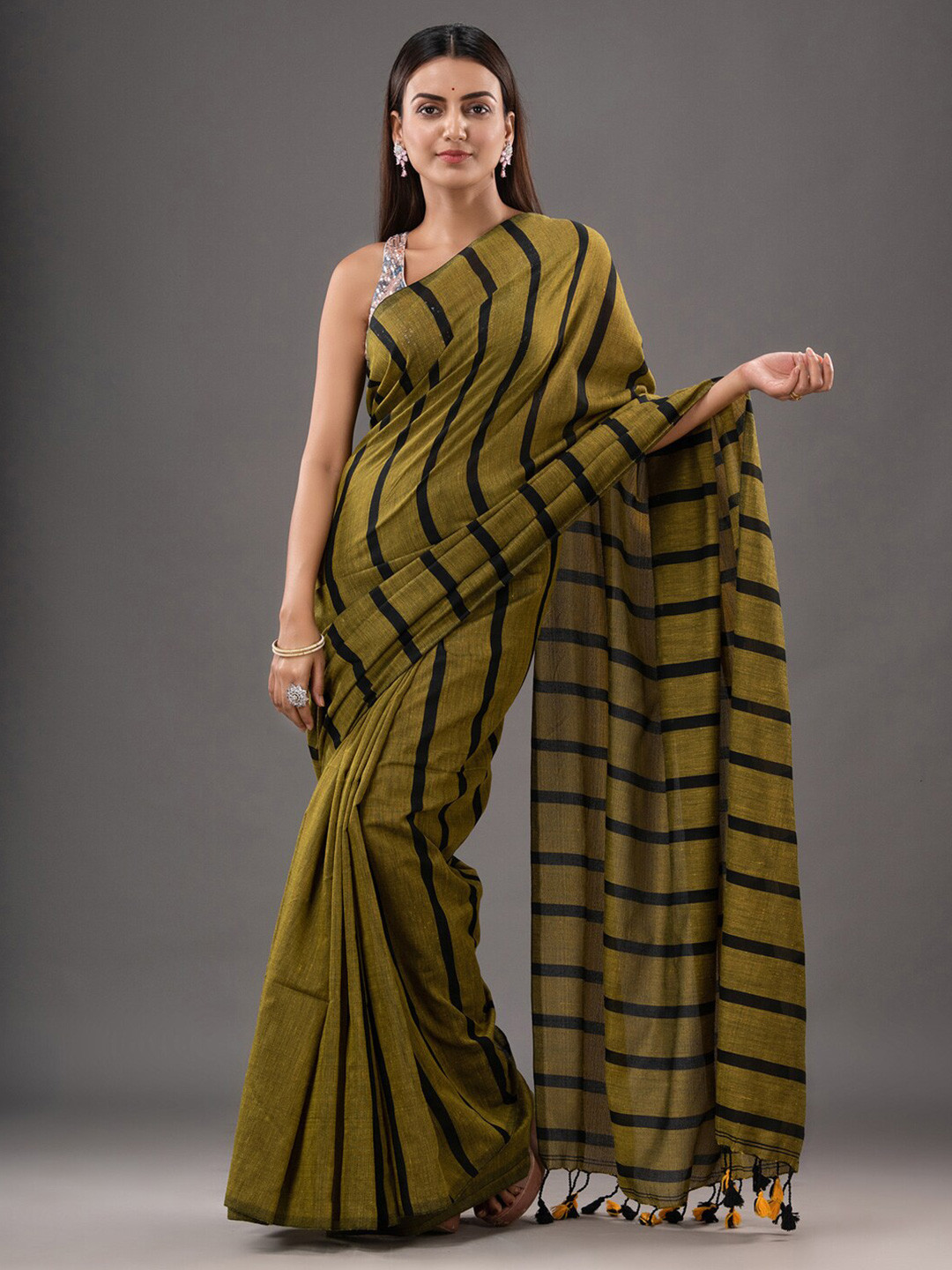 

Mitera Olive Green & Black Striped Pure Cotton Saree
