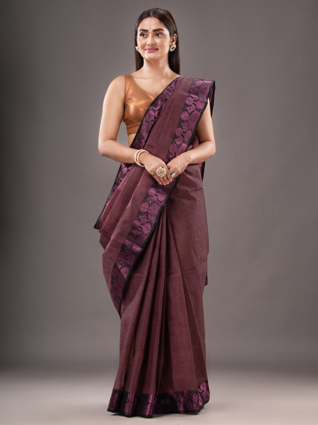 

Mitera Zari Pure Cotton Taant Saree, Brown