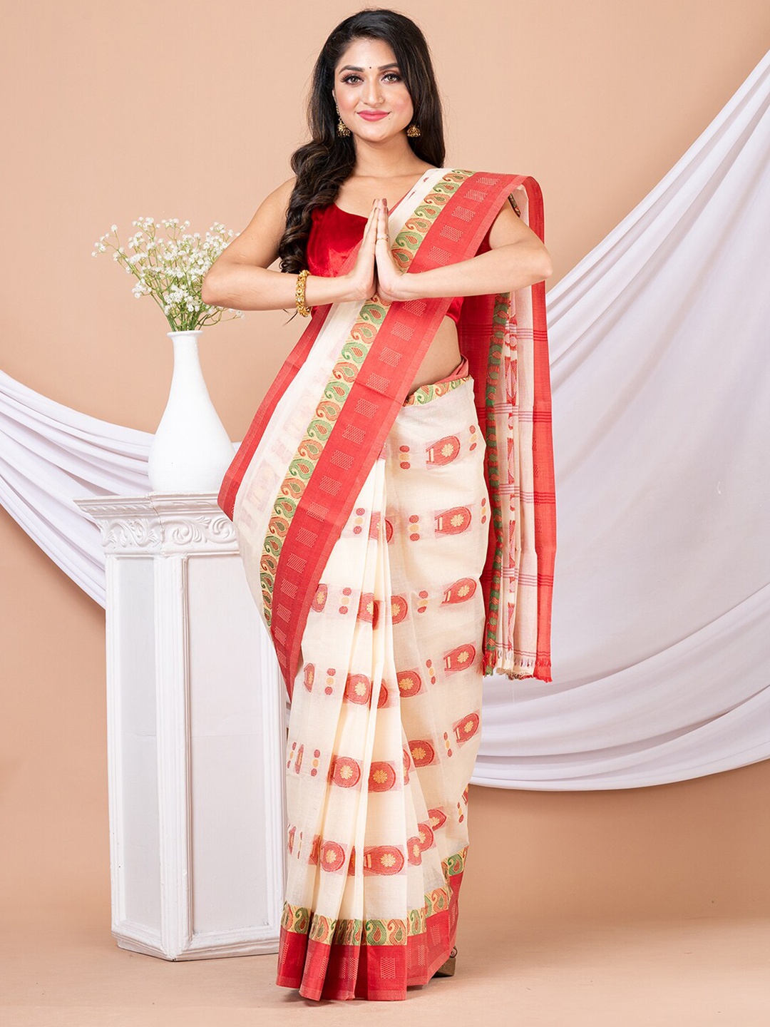 

Laa Calcutta Ethnic Motifs Woven Design Pure Cotton Taant Saree, Off white