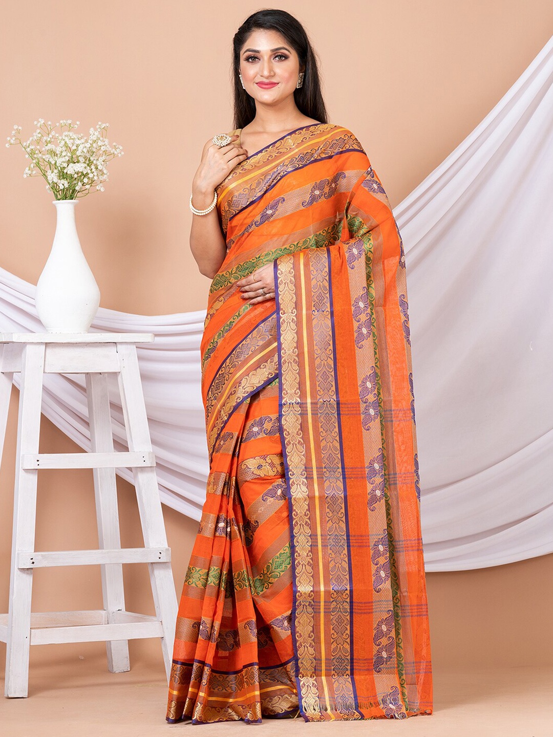 

Laa Calcutta Ethnic Motifs Woven Design Zari Pure Cotton Taant Saree, Orange