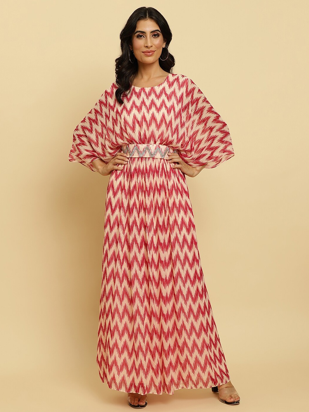 

Varanga Print Cape Sleeve Georgette Maxi Dress, Peach