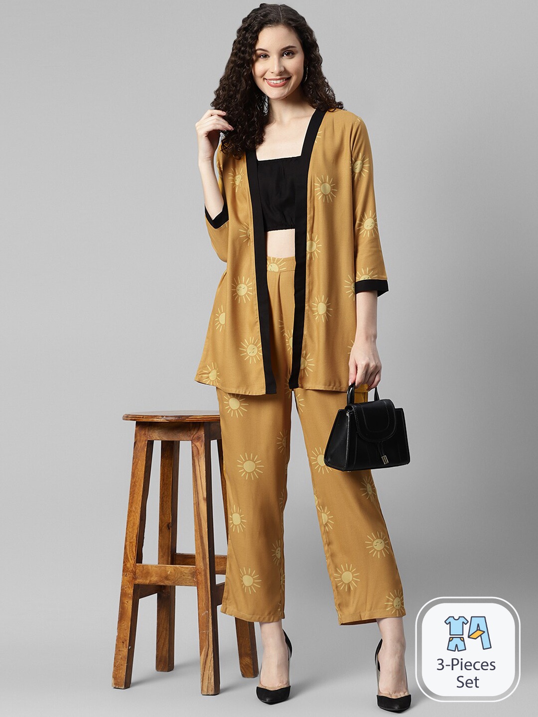 

DEEBACO Square Neck Crop Top & Printed Shrug With Printed Straight Trouser, Mustard